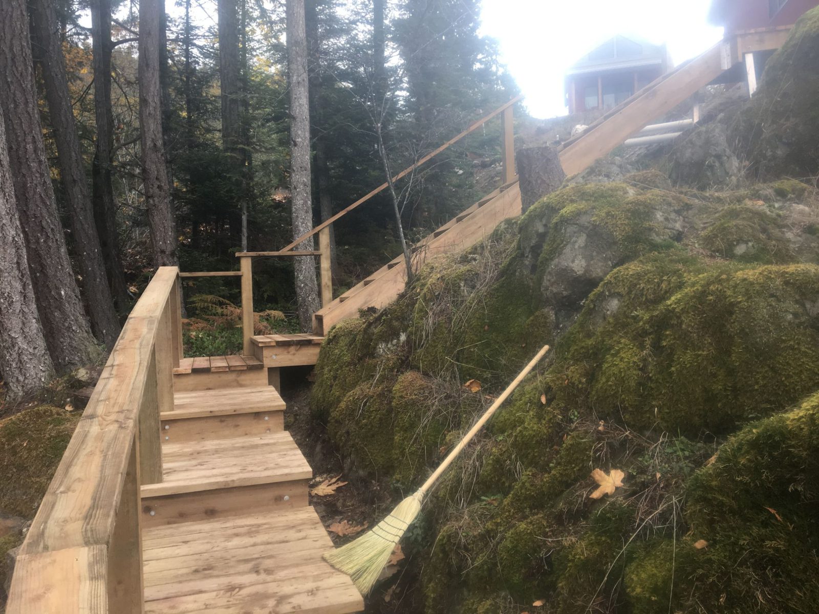 Cedar walkway and stairs with railing winding over mossy boulders below a forested house
