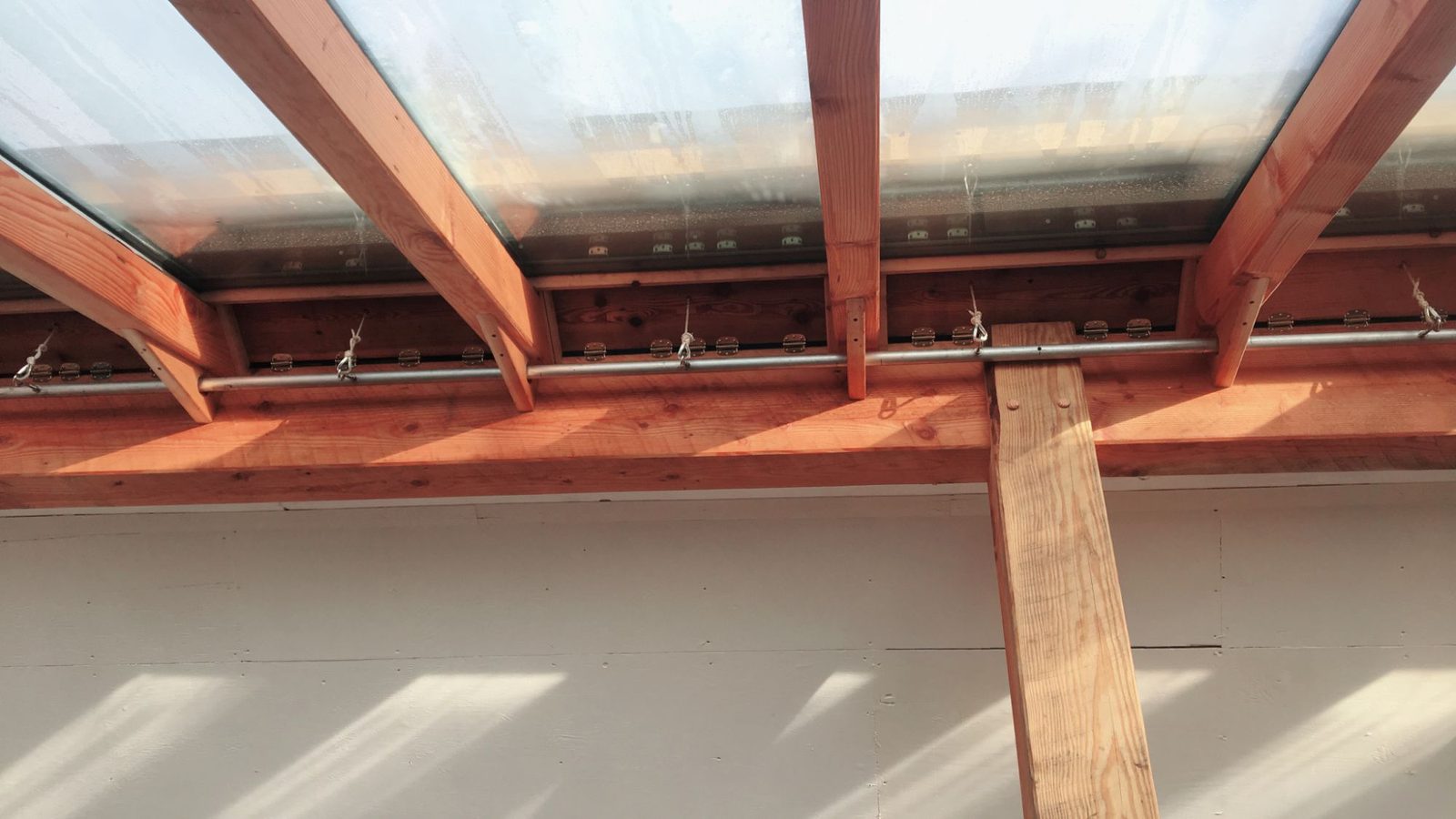 Underside of timber-frame greenhouse glass roof with Douglas fir rafters and steel tension rods, Quadra Island