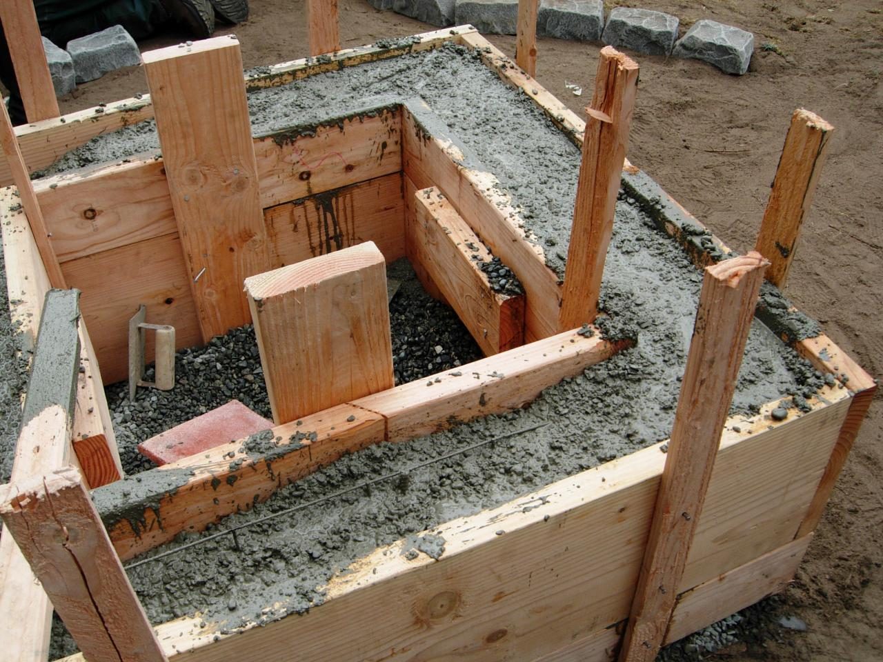 Wooden formwork box filled with freshly poured concrete for a foundation footing on a gravel and sand site