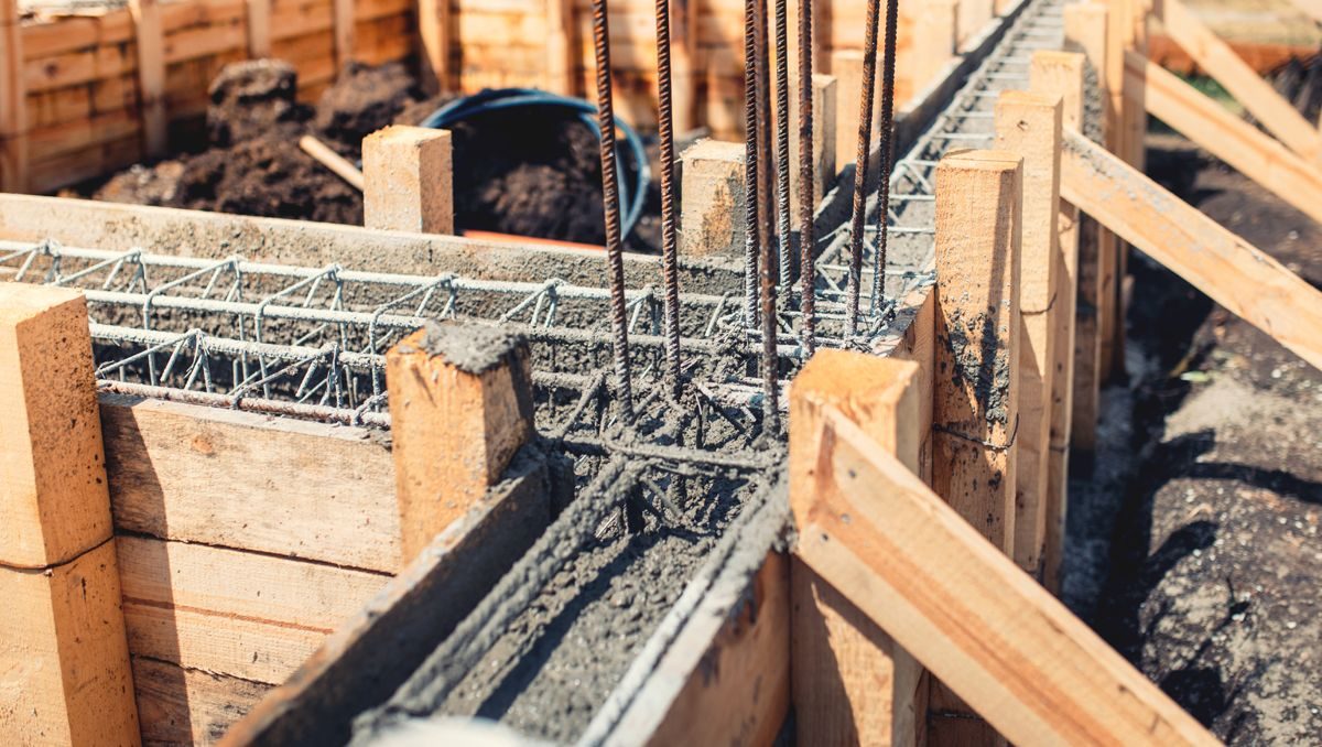 Concrete foundation formwork with rebar reinforcement on Quadra Island