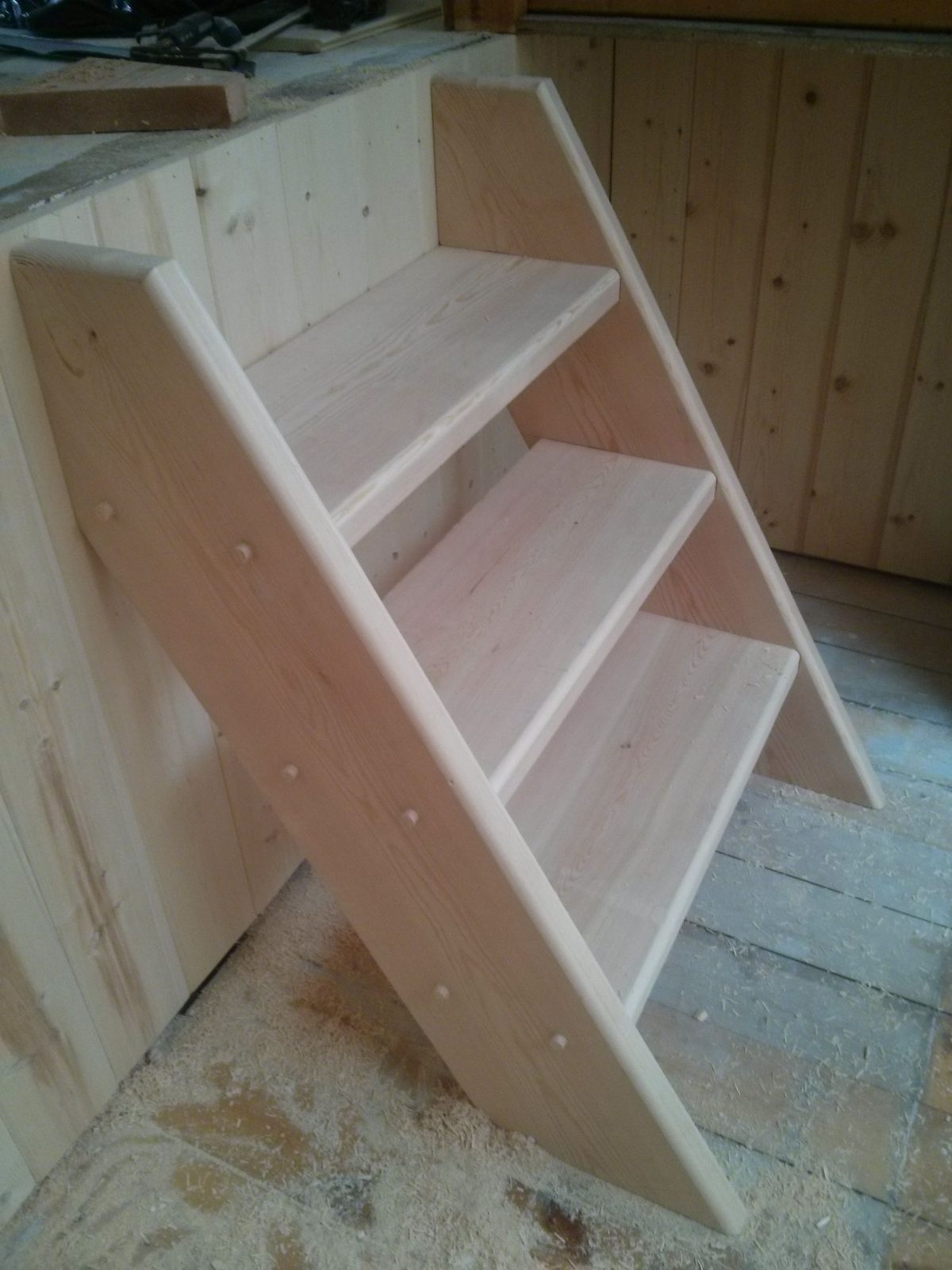 Freshly built solid wood staircase in a workshop on Quadra Island
