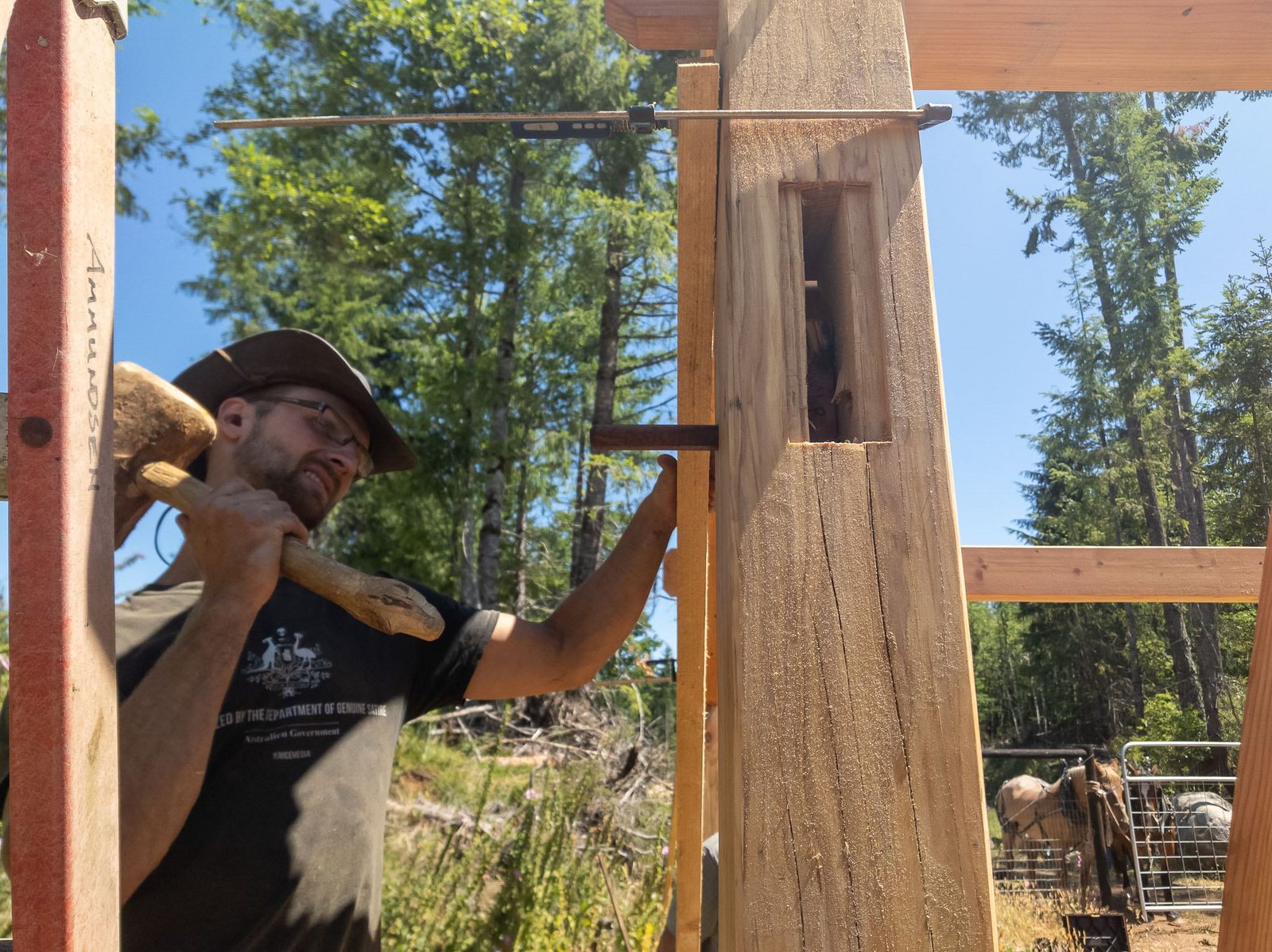 Carpenter driving a peg with a wooden mallet at a timber frame mortise on a post on Quadra Island