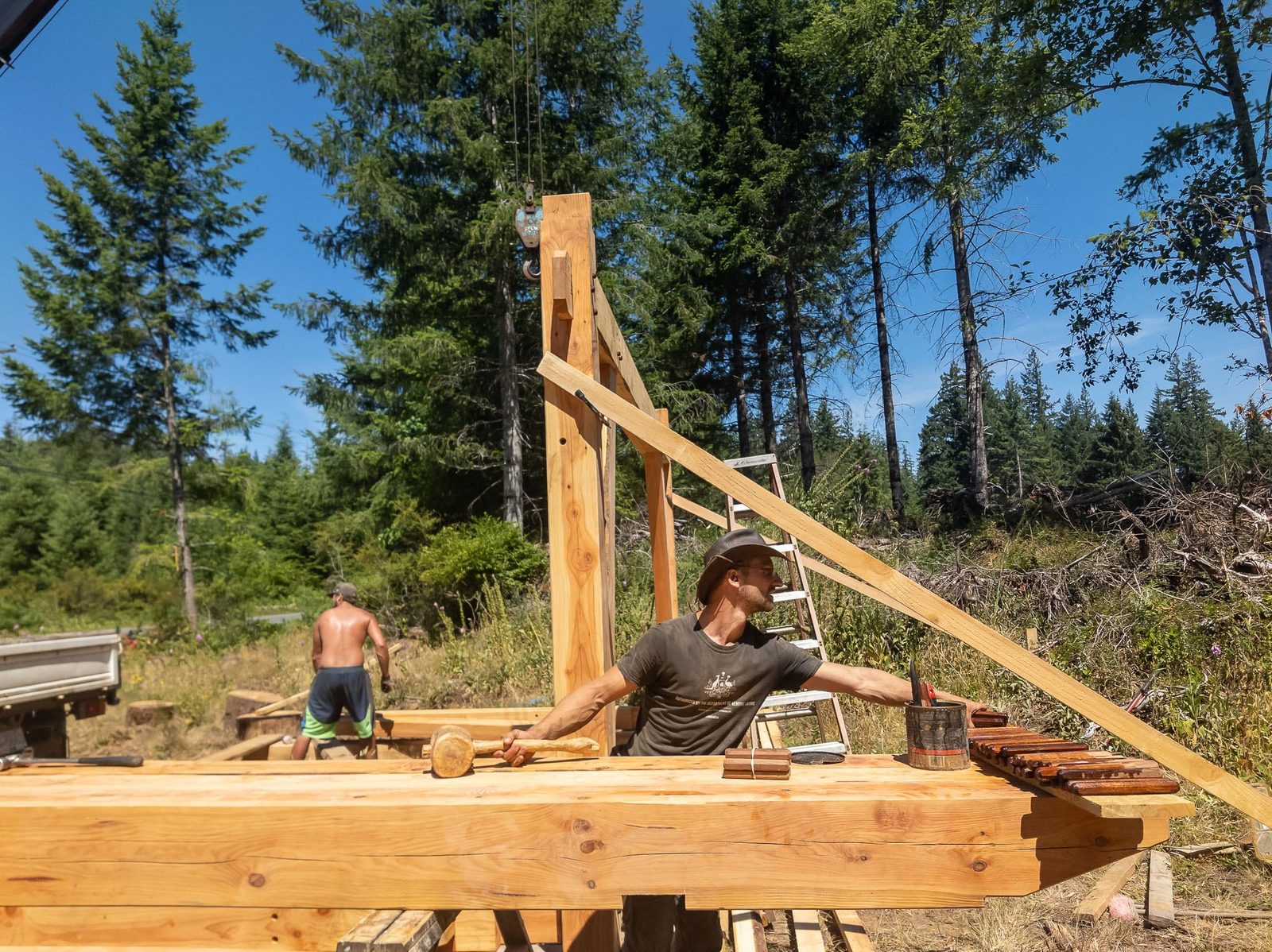 Carpenter resting at a timber frame post and diagonal brace in a sunny forest clearing on Quadra Island