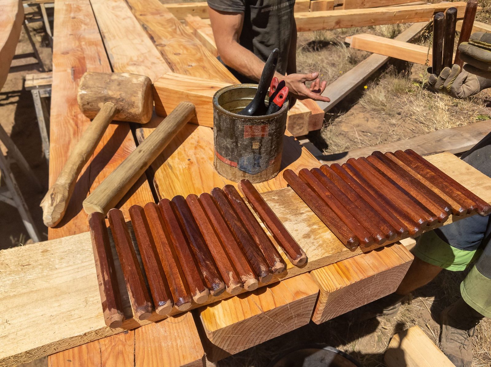 Rows of wooden draw pegs beside a mallet and chisel can on a timber at a Quadra Island frame site
