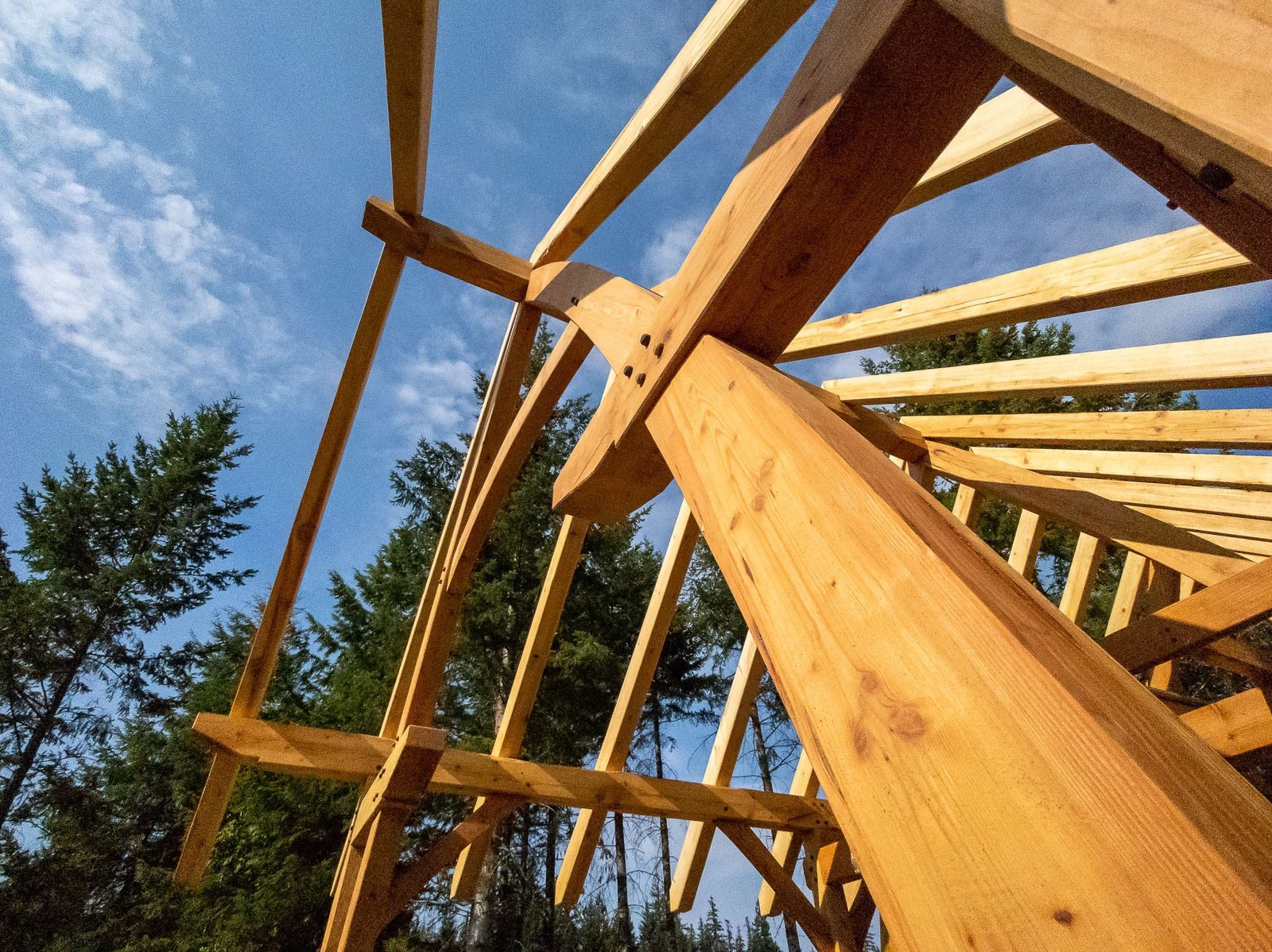 Low-angle view up the ridge beam and rafters of the completed timber frame against the sky on Quadra Island