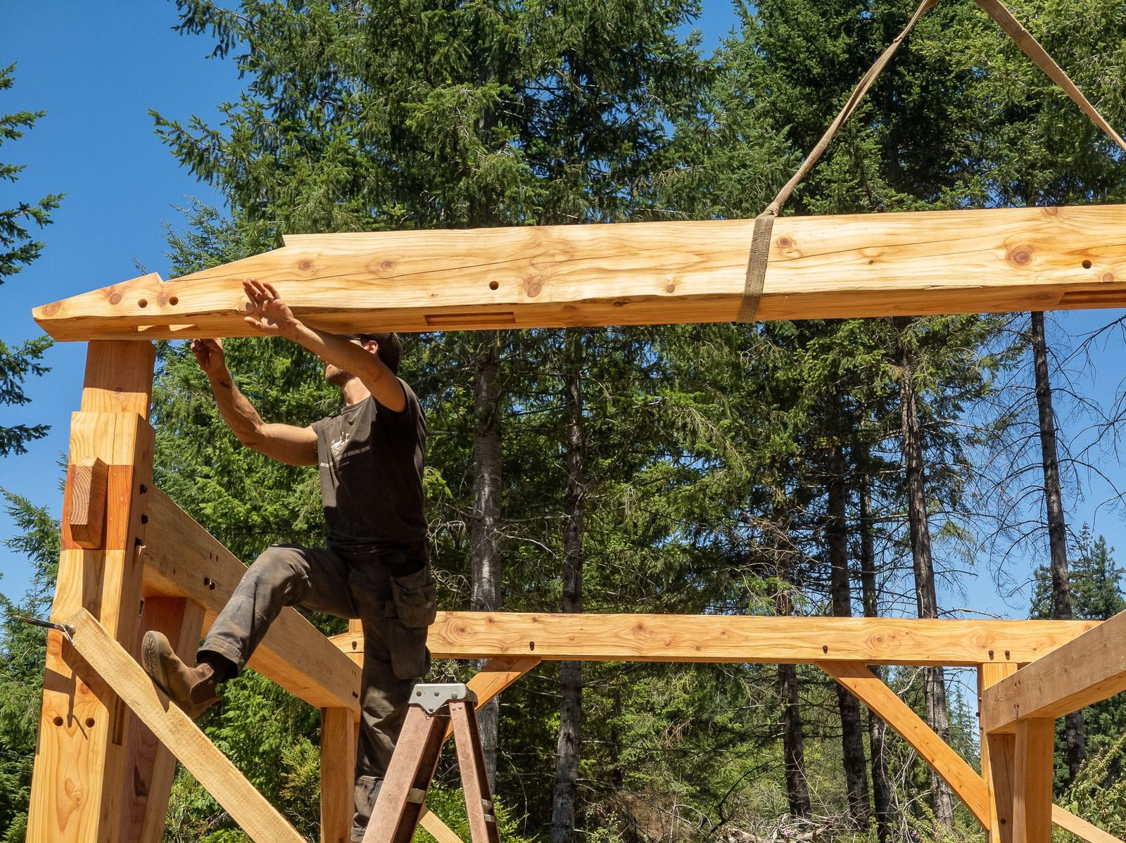 Carpenter reaching up to seat a crane-lifted rafter on a timber frame bent against the forest on Quadra Island