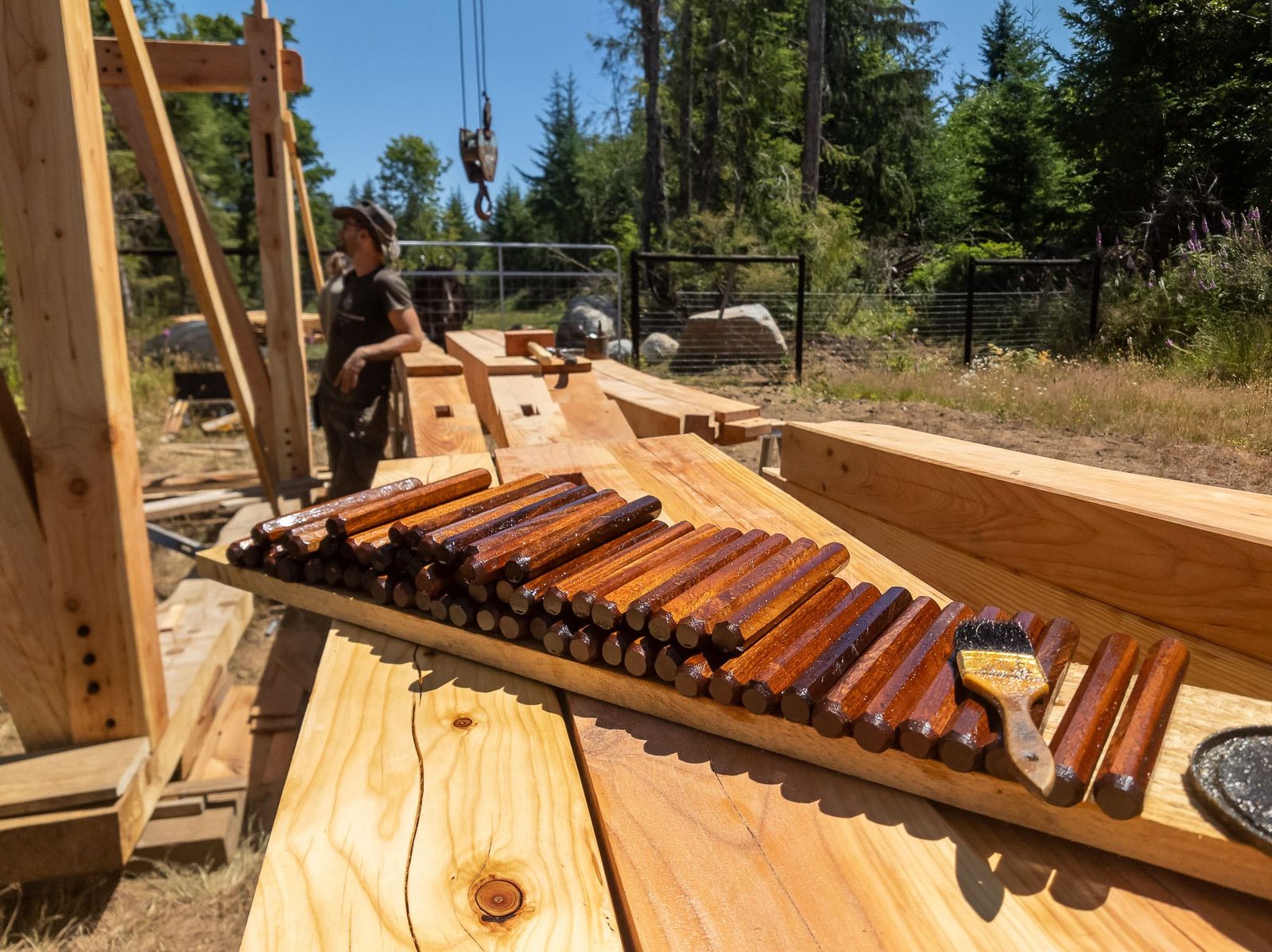Stained wooden pegs lined along a timber beam with a finishing brush at the Quadra Island site
