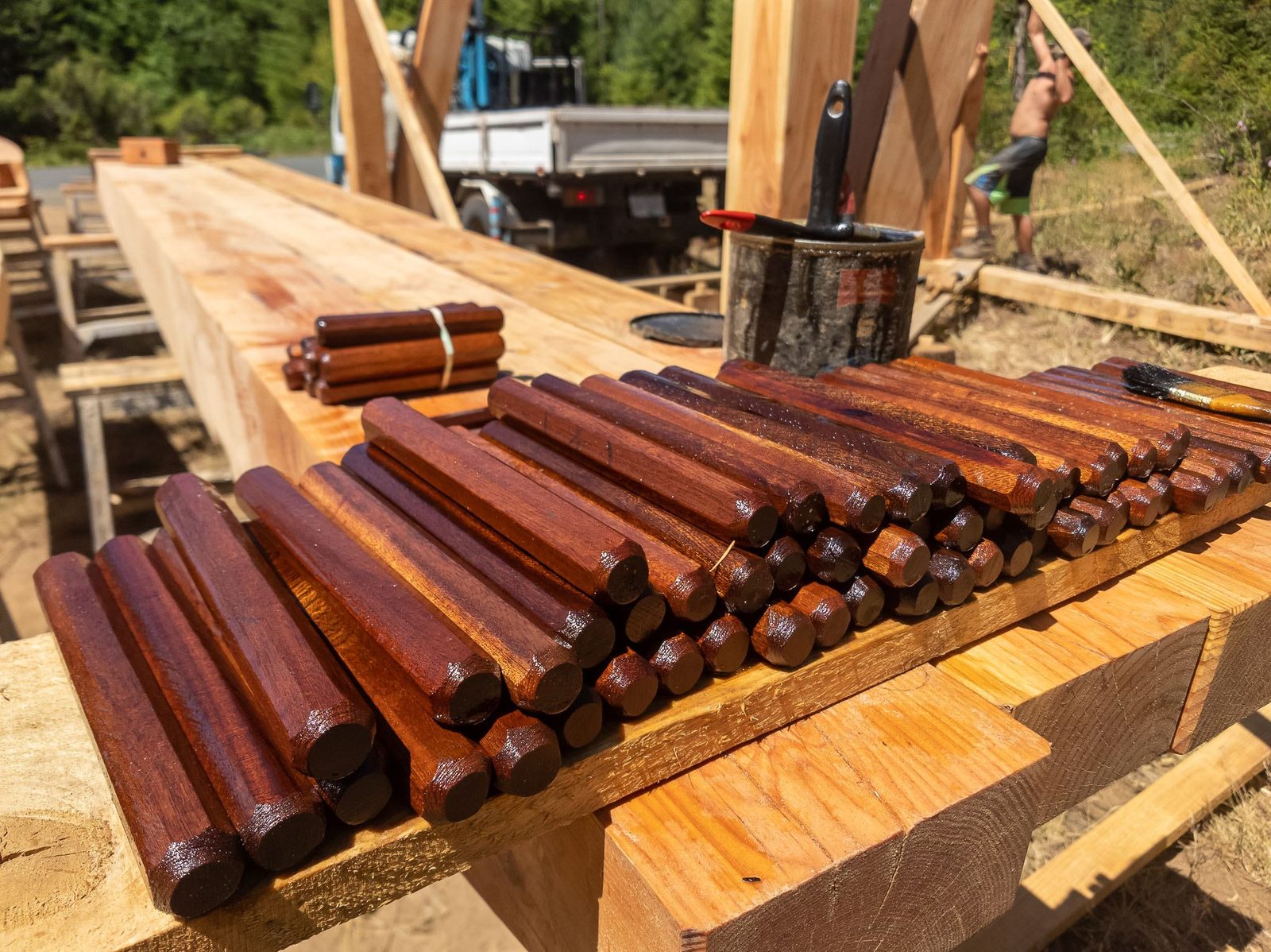 Rows of stained wooden pegs laid out on a timber beam at the Quadra Island frame site