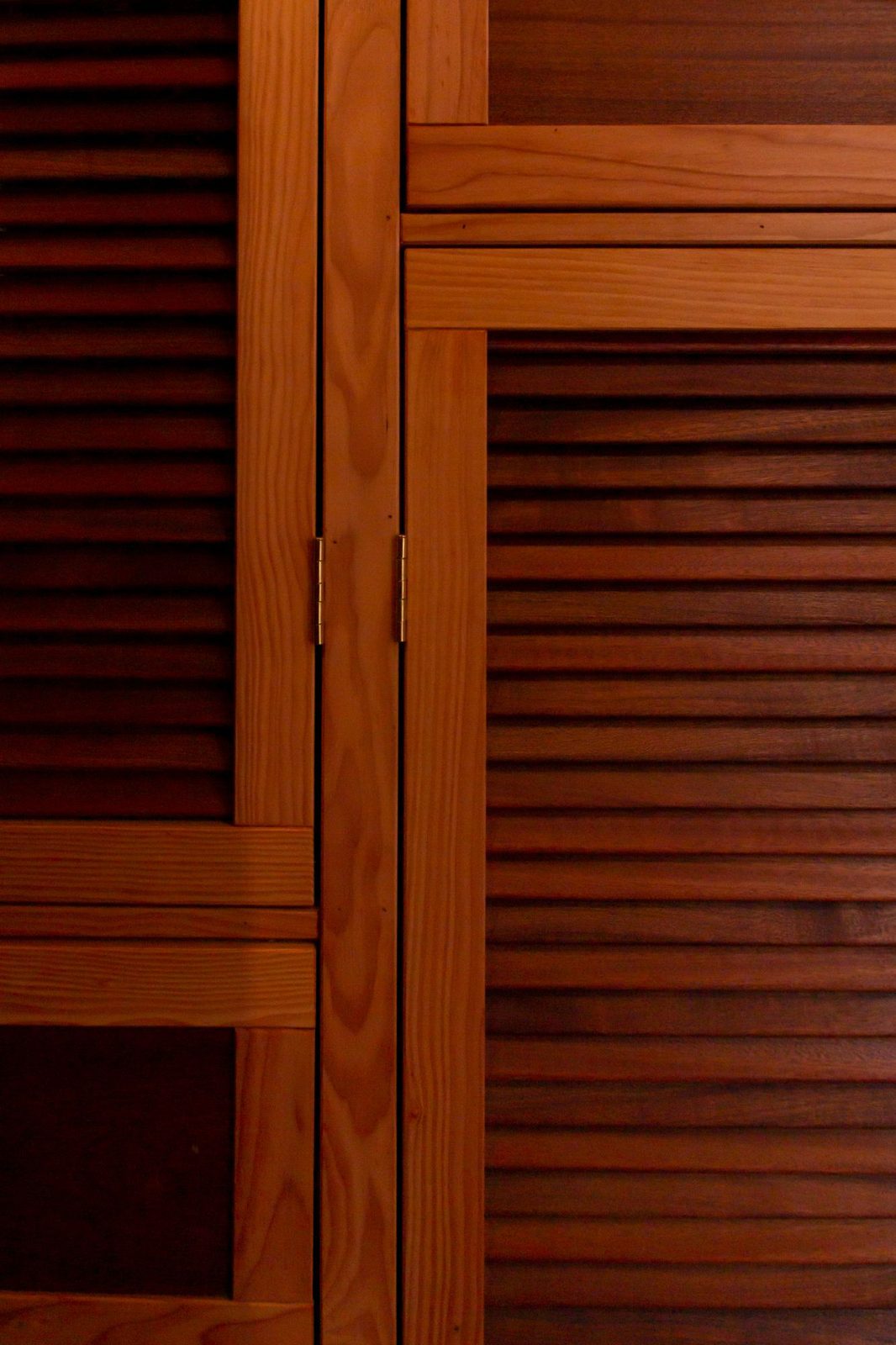 Detail of louvered wood cabinet doors with brass hinges in a custom tiny home