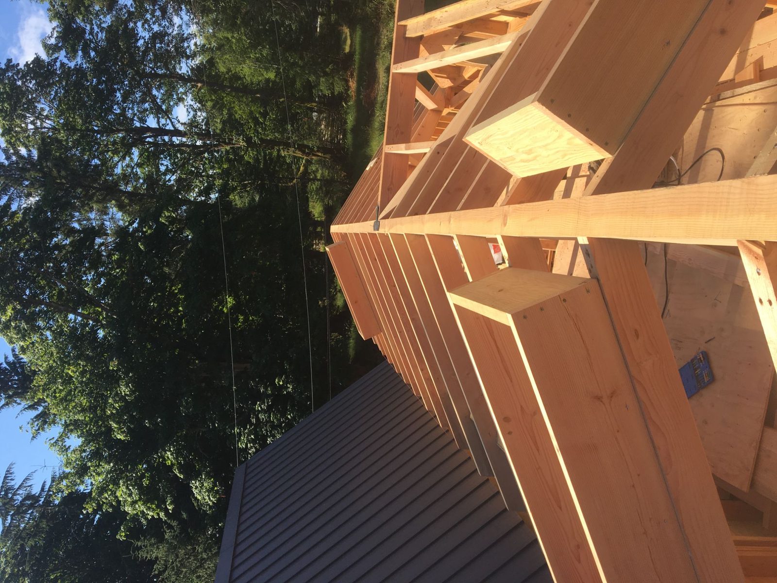 Rafter and roof framing of a tiny home under construction beside a metal roof on Quadra Island